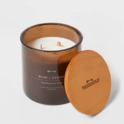 23oz XL 3-Wick Rose + Cedar Wooden Amber Glass With Wood Lid And Stamped Logo Amber - Threshold™ -Decor House GUEST 0c1f079c 9ea4 408d ae6e 3d8dc5f1dfda