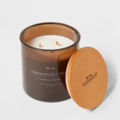 23oz XL 3-Wick Sandalwood + Smoke Wooden Amber Glass With Wood Lid And Stamped Logo Amber - Threshold™ -Decor House GUEST 1b54cfd4 2364 4122 af1d 12266c8a1791