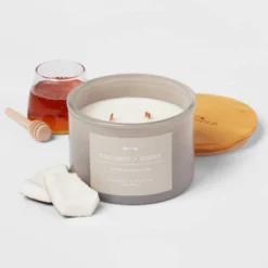 14oz Lidded Gray Glass Jar Crackling Wooden 3-Wick Candle With Paper Label Coconut And Honey  - Threshold™ -Decor House GUEST 49910140 50ed 4b49 9d77 e432059cd2cf