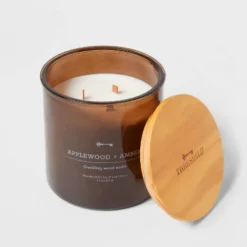 23oz XL 3-Wick Applewood + Amber Wooden Amber Glass With Wood Lid And Stamped Logo Amber - Threshold™ -Decor House GUEST f40d0c95 1d11 403a 82b0 01cf711a1e06